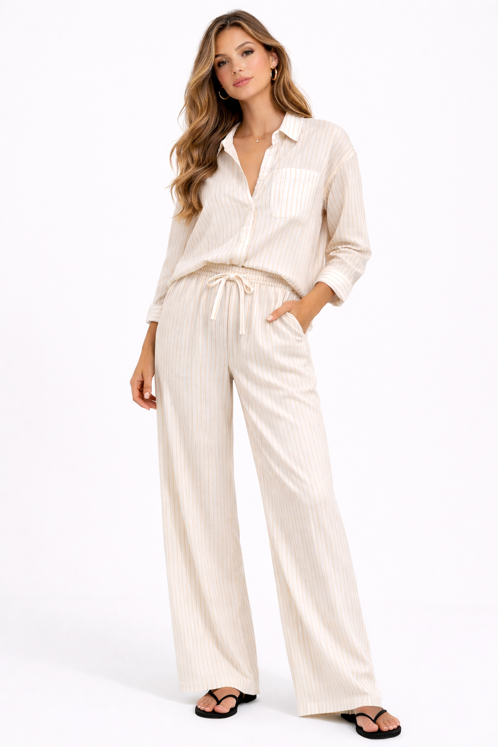 STRIPED LONG SLEEVE SHIRT AND WIDE LEG PANT SET