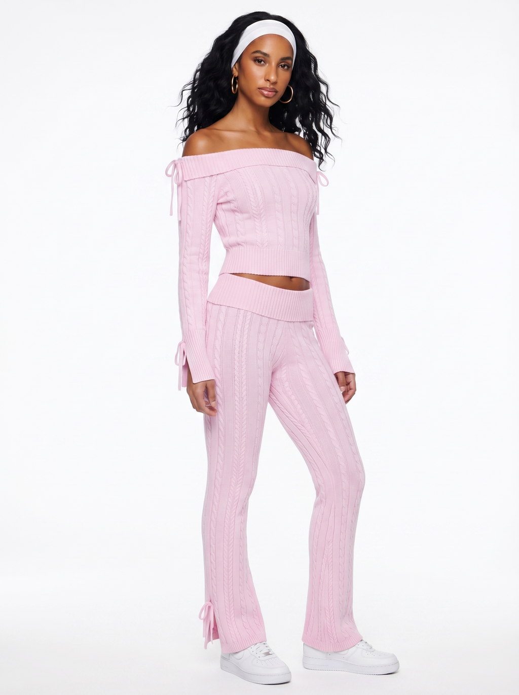 CABLE KNIT OFF THE SHOULDER SWEATER AND PANT SET