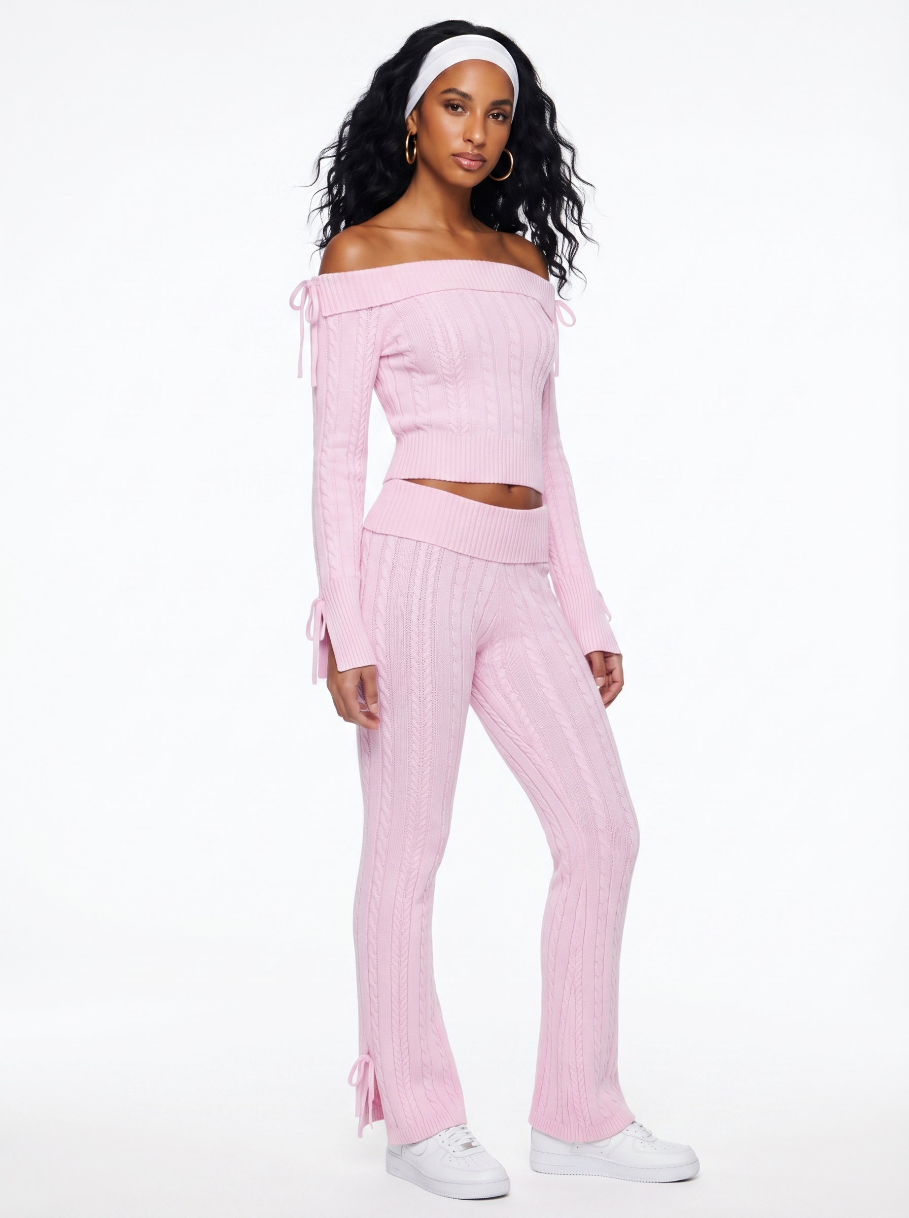 CABLE KNIT OFF THE SHOULDER SWEATER AND PANT SET