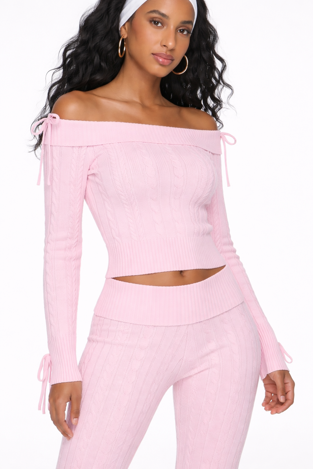 CABLE KNIT OFF THE SHOULDER SWEATER AND PANT SET