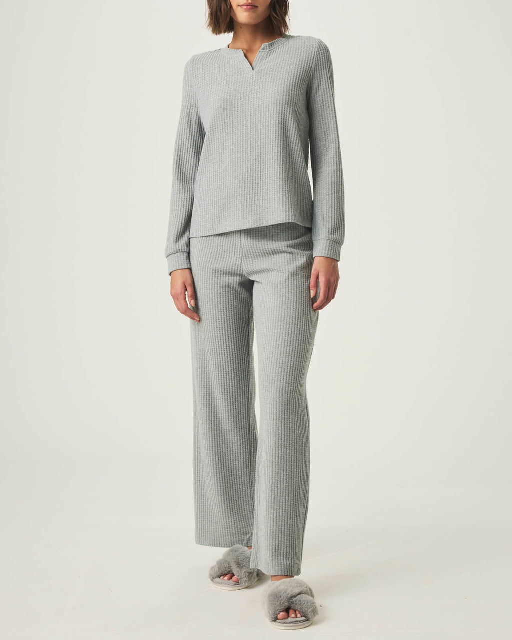 Heather Grey Split Crewneck Waffle Knit Sleep Set