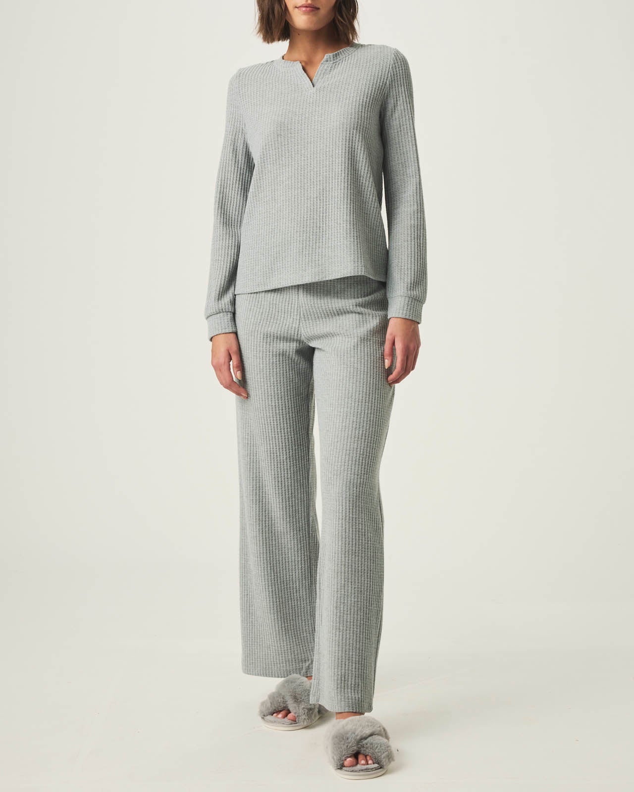 Heather Grey Split Crewneck Waffle Knit Sleep Set