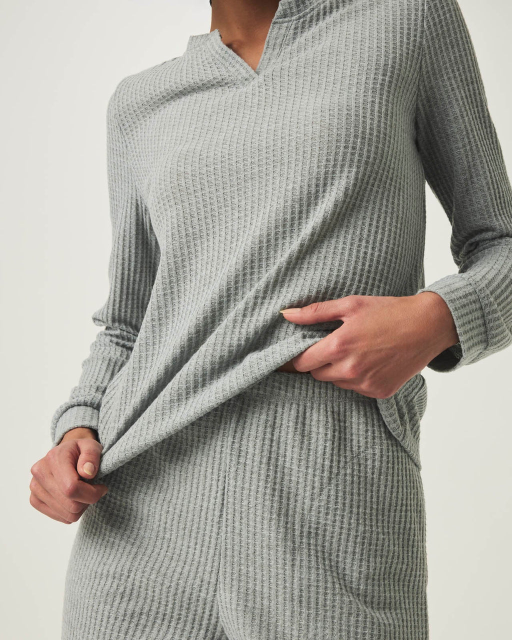 Heather Grey Split Crewneck Waffle Knit Sleep Set