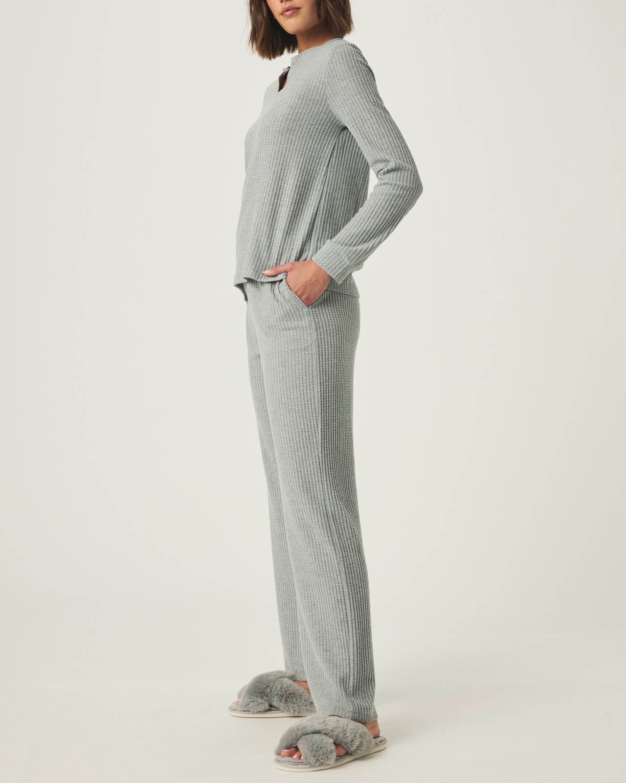 Heather Grey Split Crewneck Waffle Knit Sleep Set