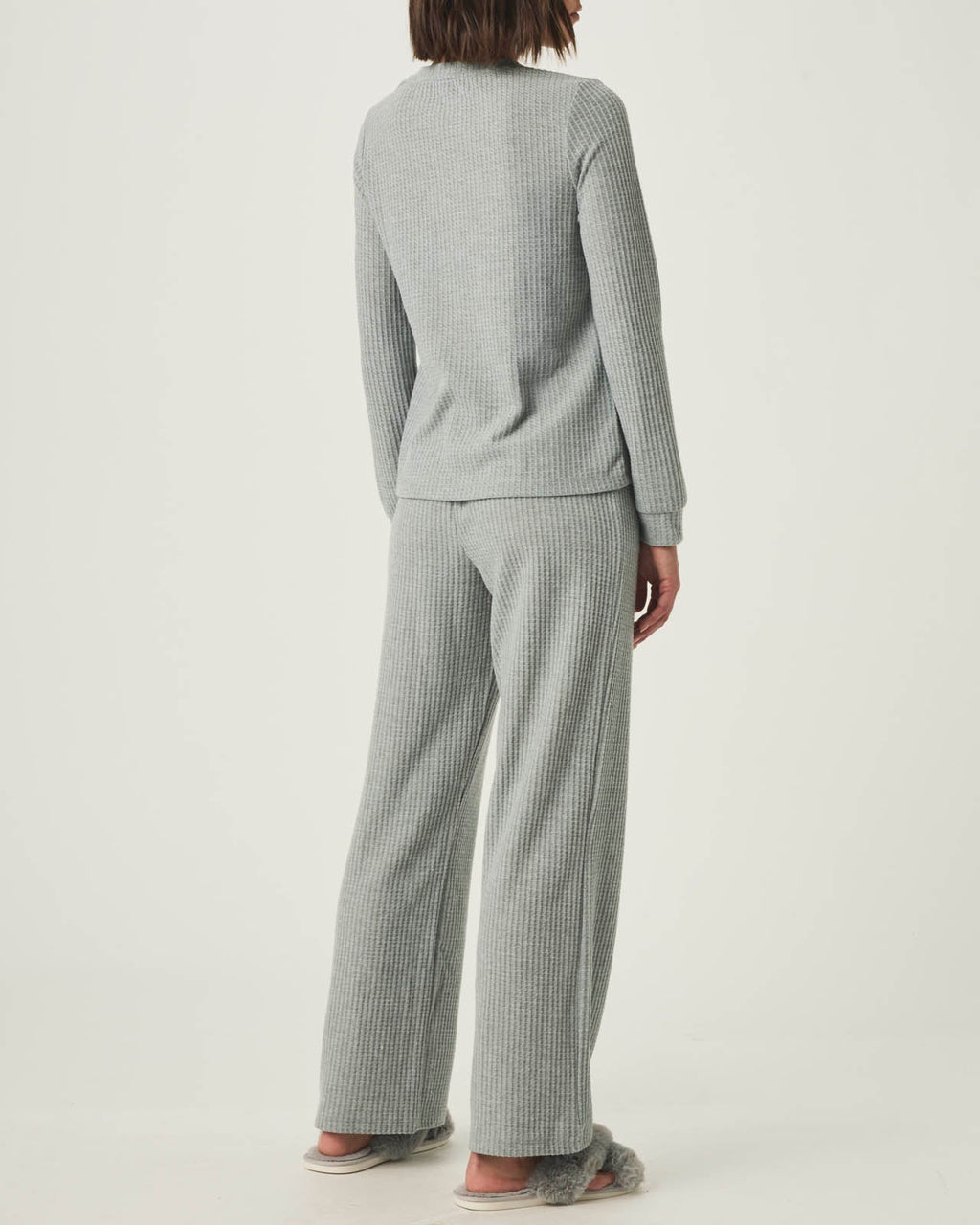 Heather Grey Split Crewneck Waffle Knit Sleep Set