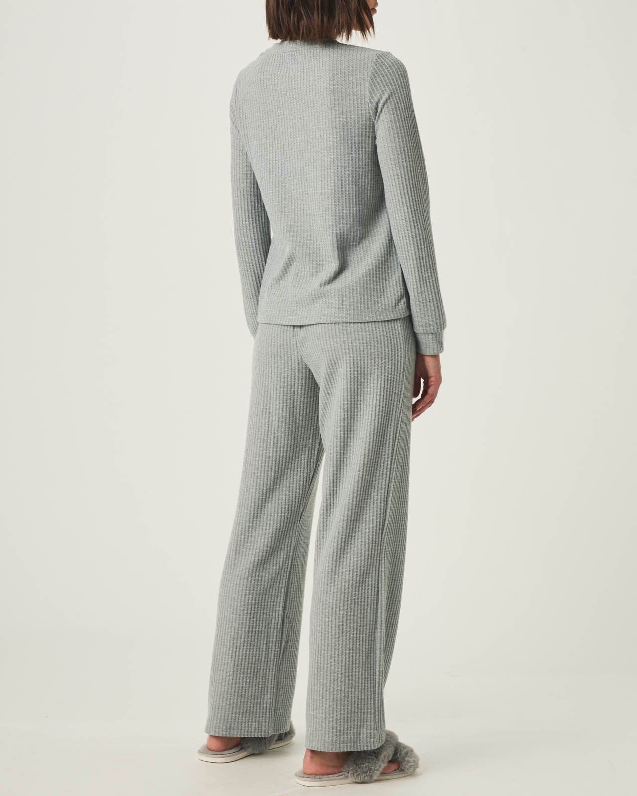 Heather Grey Split Crewneck Waffle Knit Sleep Set