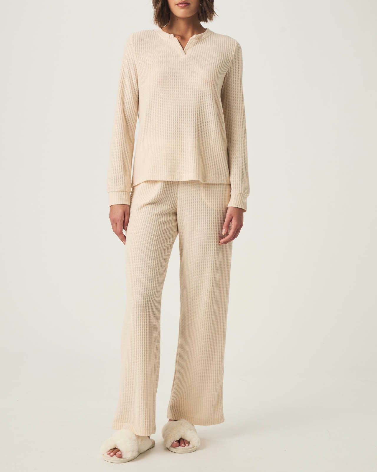 Pink Tint Split Crewneck Waffle Knit Sleep Set
