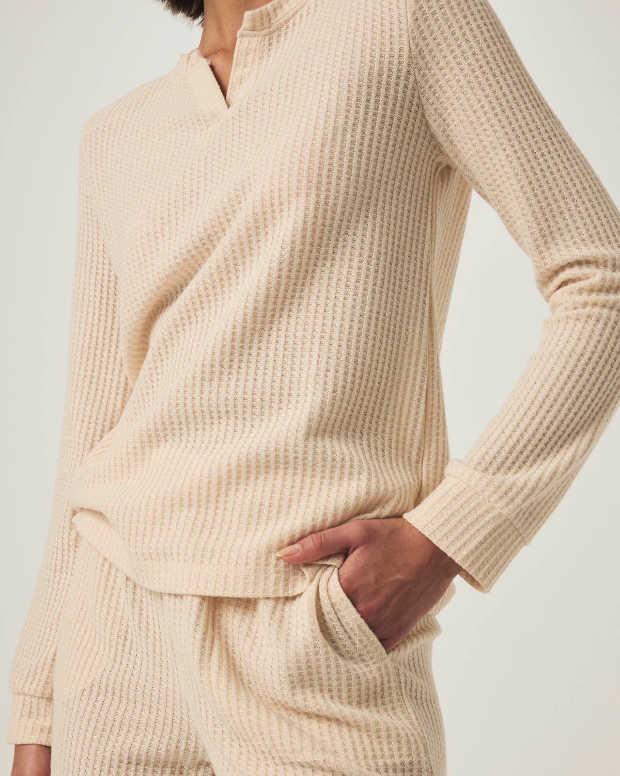Pink Tint Split Crewneck Waffle Knit Sleep Set