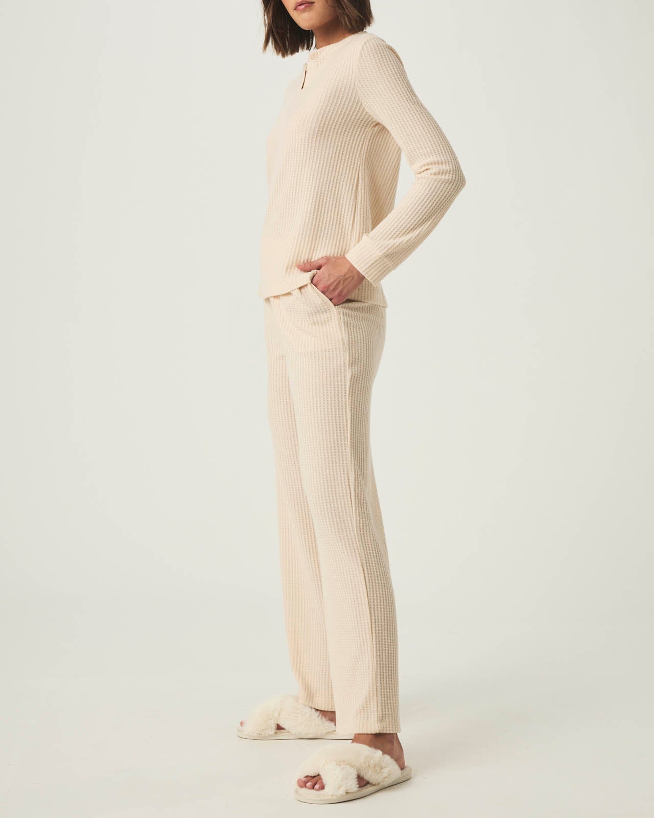 Pink Tint Split Crewneck Waffle Knit Sleep Set