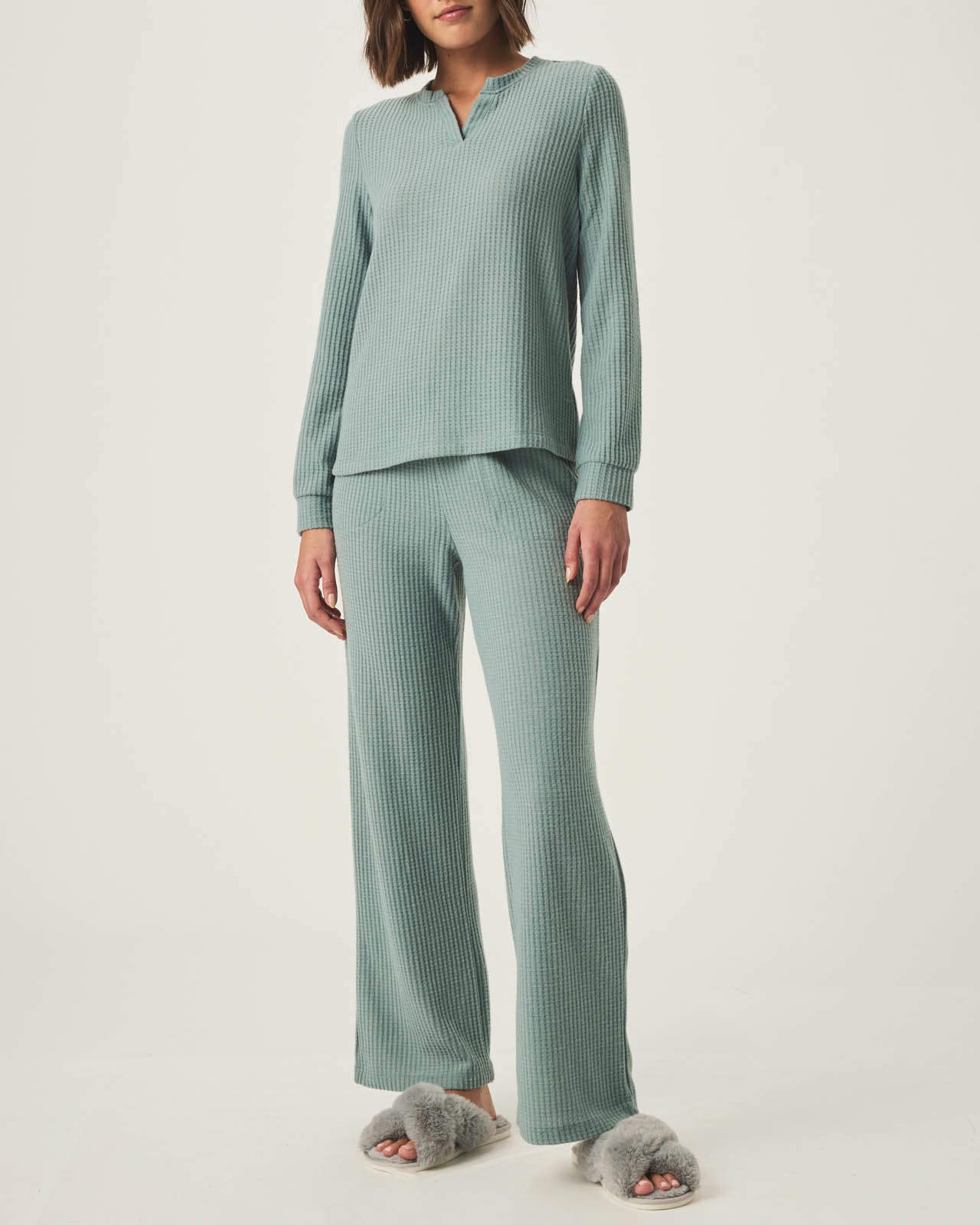Stormy Sea Split Crewneck Waffle Knit Sleep Set