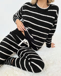Black and Oat Stripe Fuzzy Sweater PJ Set