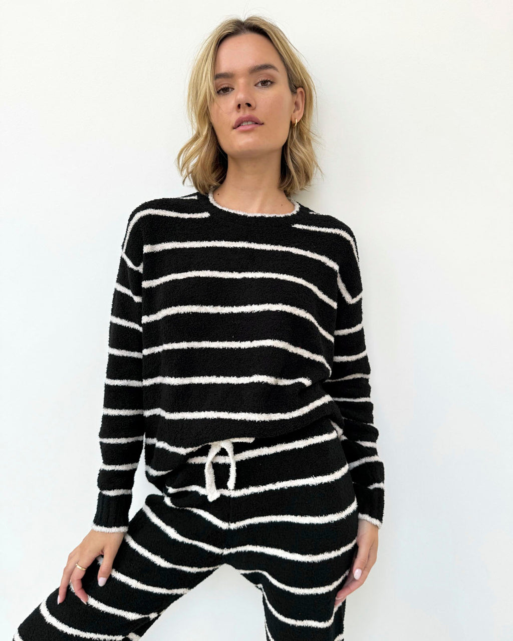 Black and Oat Stripe Fuzzy Sweater PJ Set