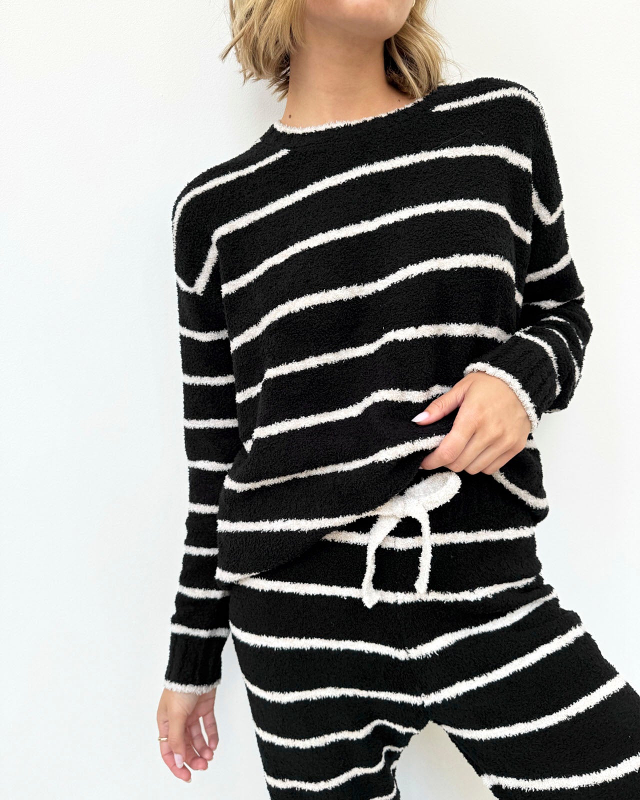 Black and Oat Stripe Fuzzy Sweater PJ Set