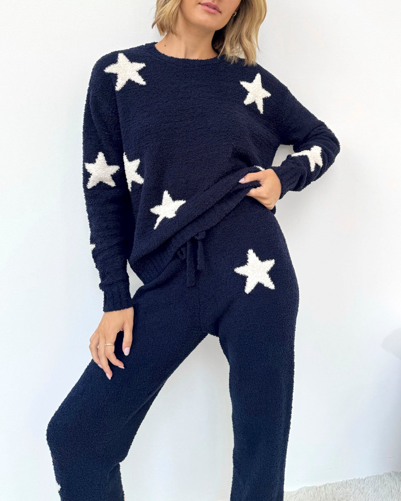 Navy Oat Stars Fuzzy Sweater PJ Set