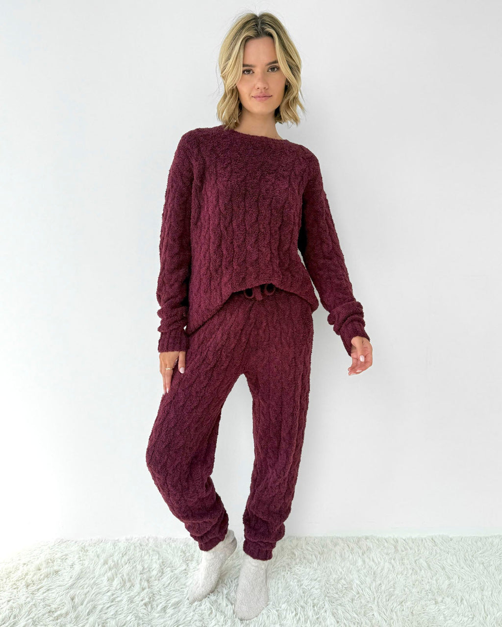 Merlot Fuzzy Cable Knit Sweater PJ Set