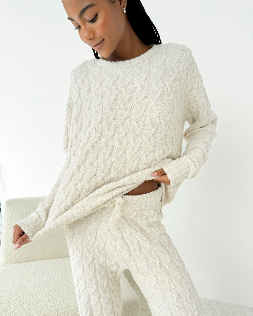 Ivory Fuzzy Cable Knit Sweater PJ Set