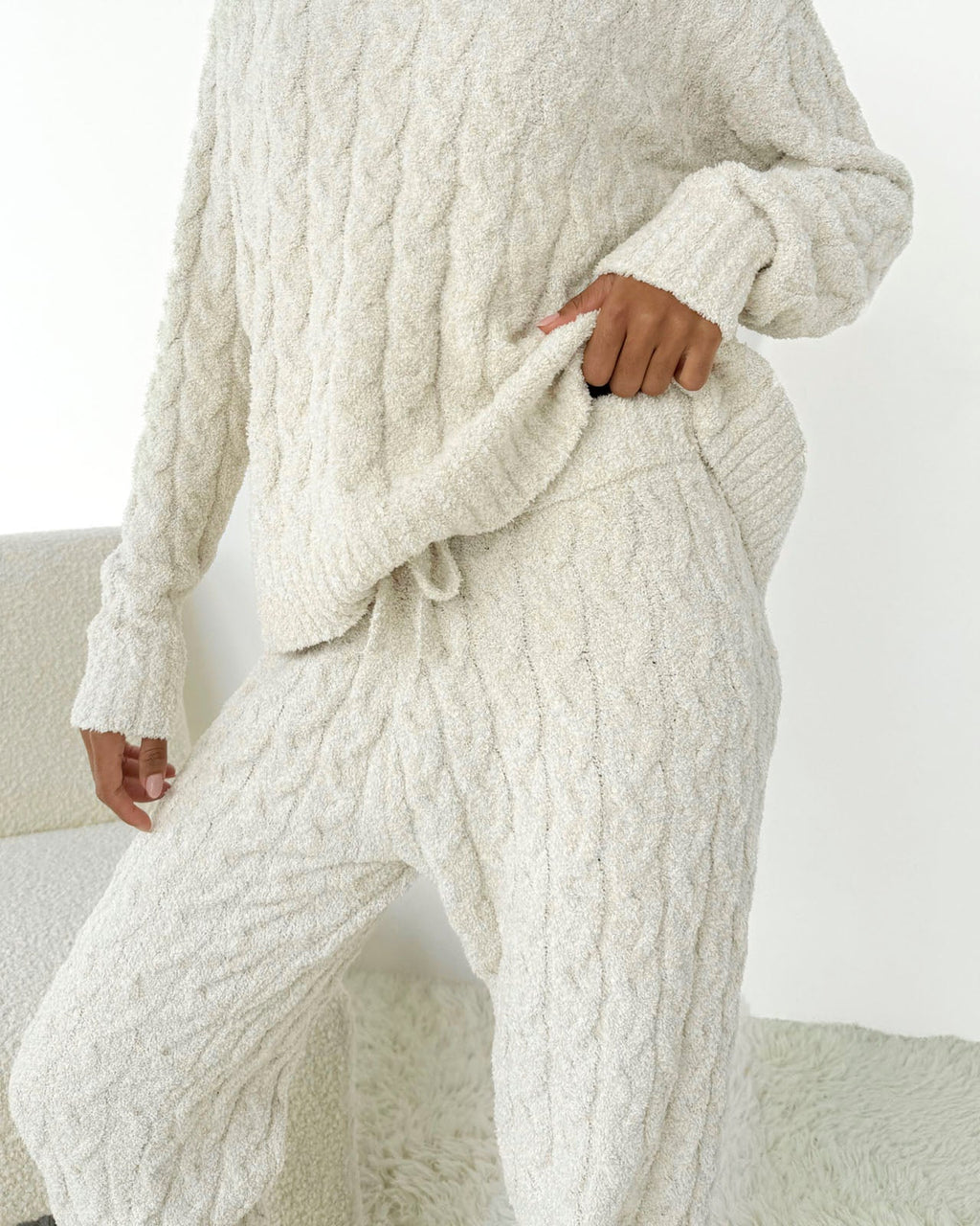 Ivory Fuzzy Cable Knit Sweater PJ Set