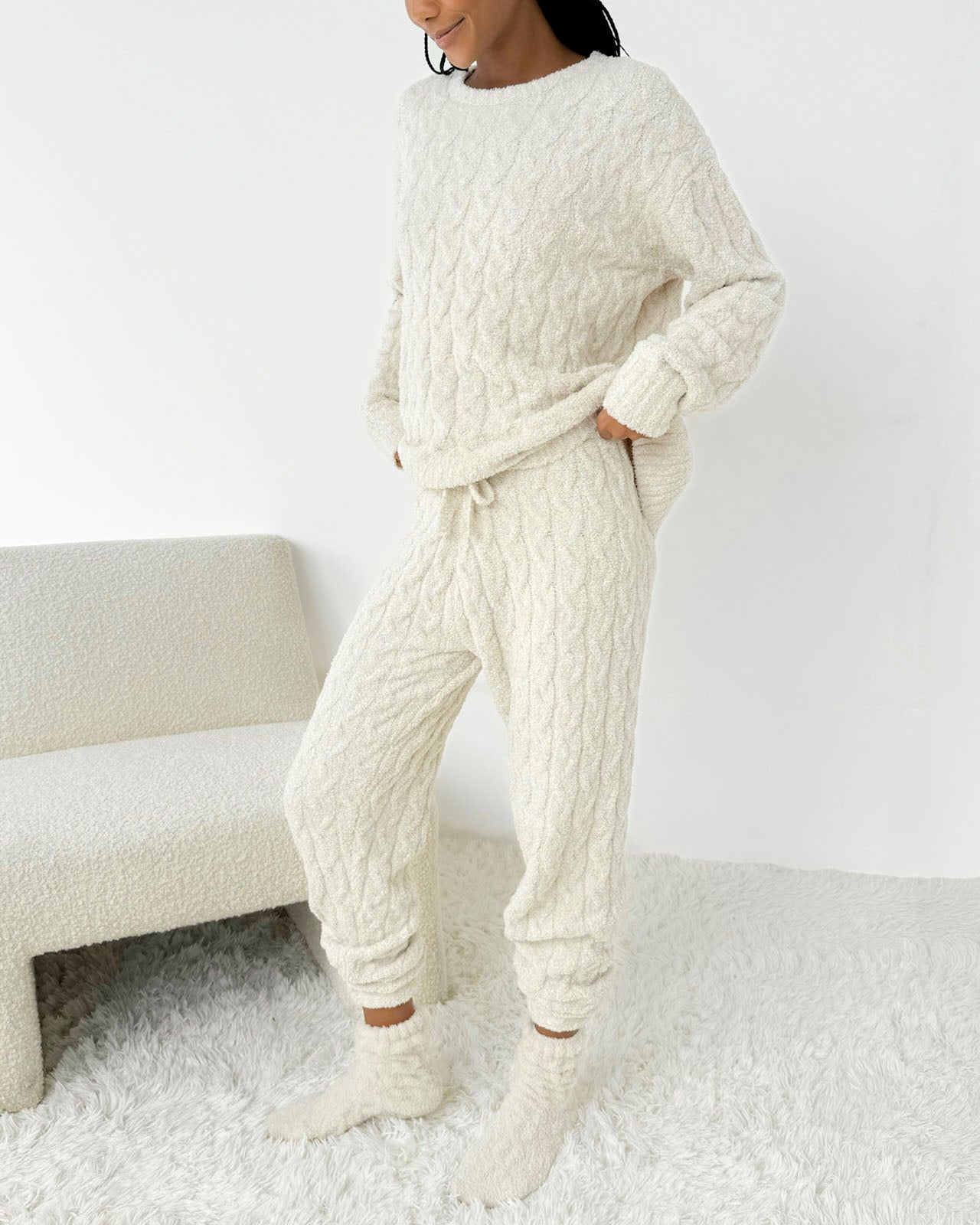 Ivory Fuzzy Cable Knit Sweater PJ Set