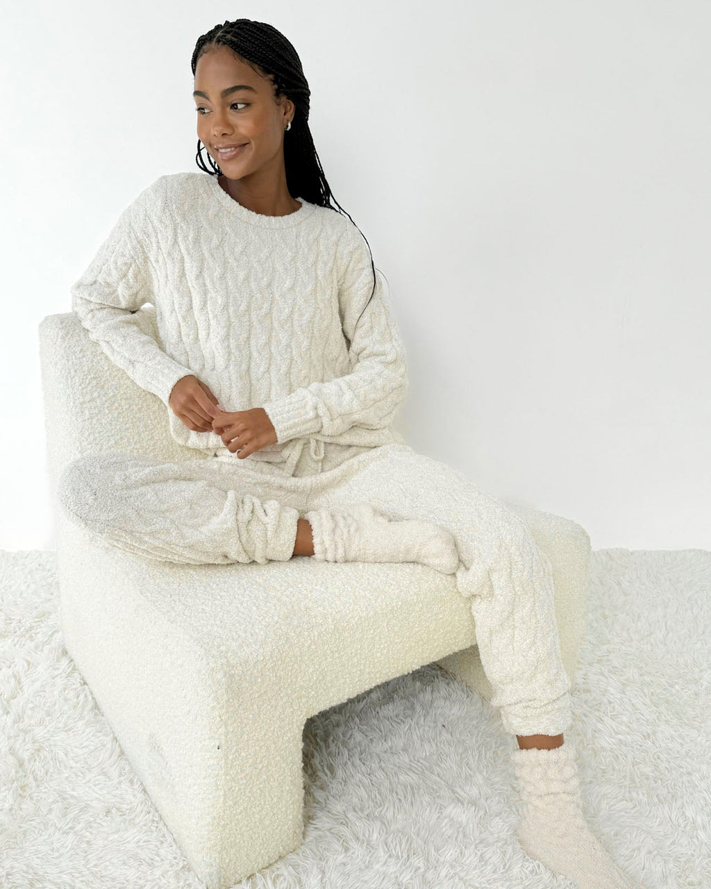 Ivory Fuzzy Cable Knit Sweater PJ Set