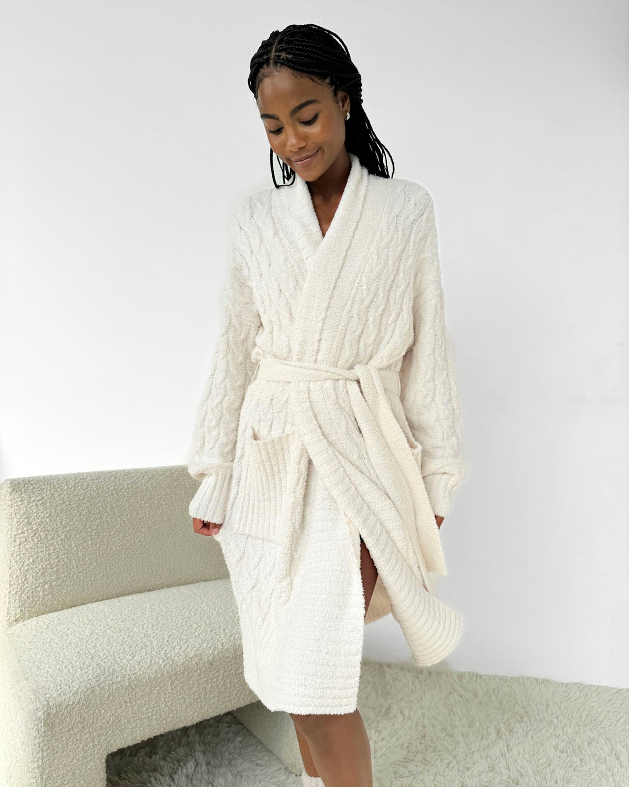 Ivory Cozy Fuzzy PJ Cable Robe